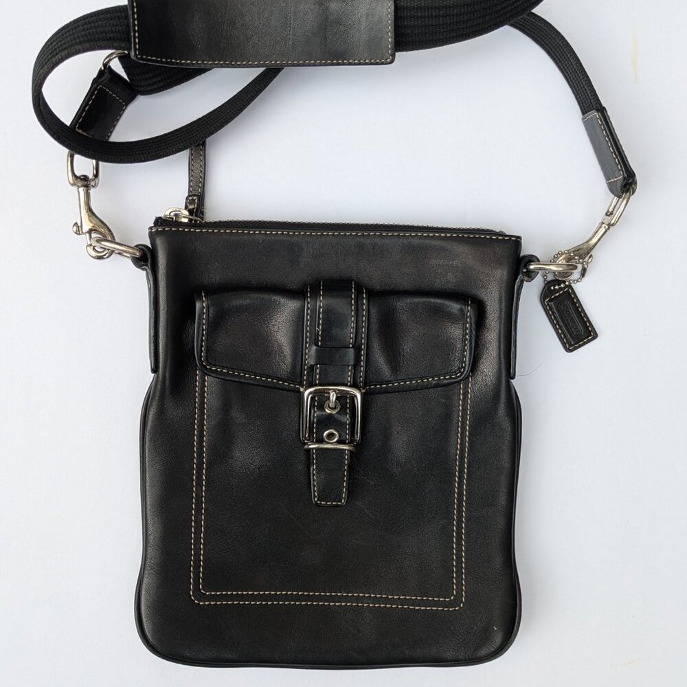 Vintage Coach Black Leather Hamilton Crossbody Bag with Buckle Front Pocket